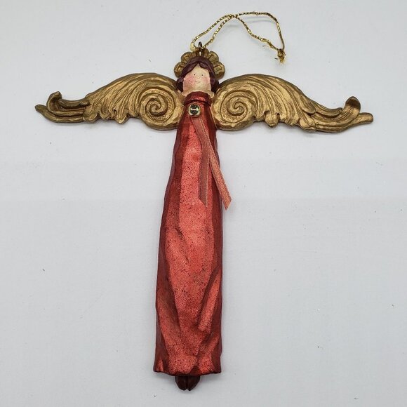Red Gold Vintage Winged Resin Angel Christmas Ornament - Picture 2 of 9